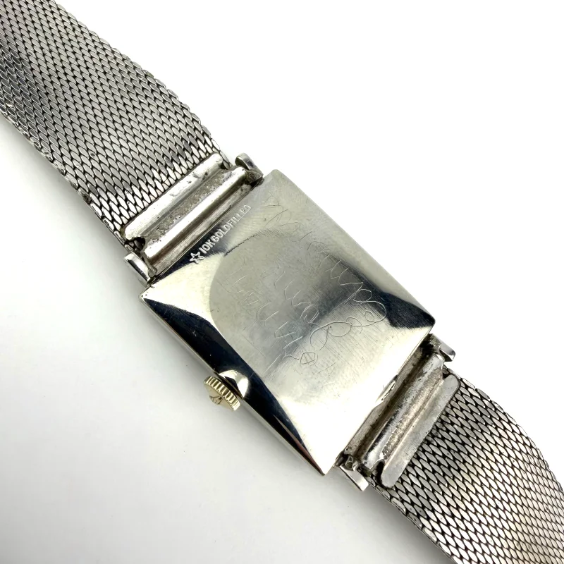 Vintage 1960 Longines Rectangular Black Dial 10K Gold Filled Mesh Bracelet Watch