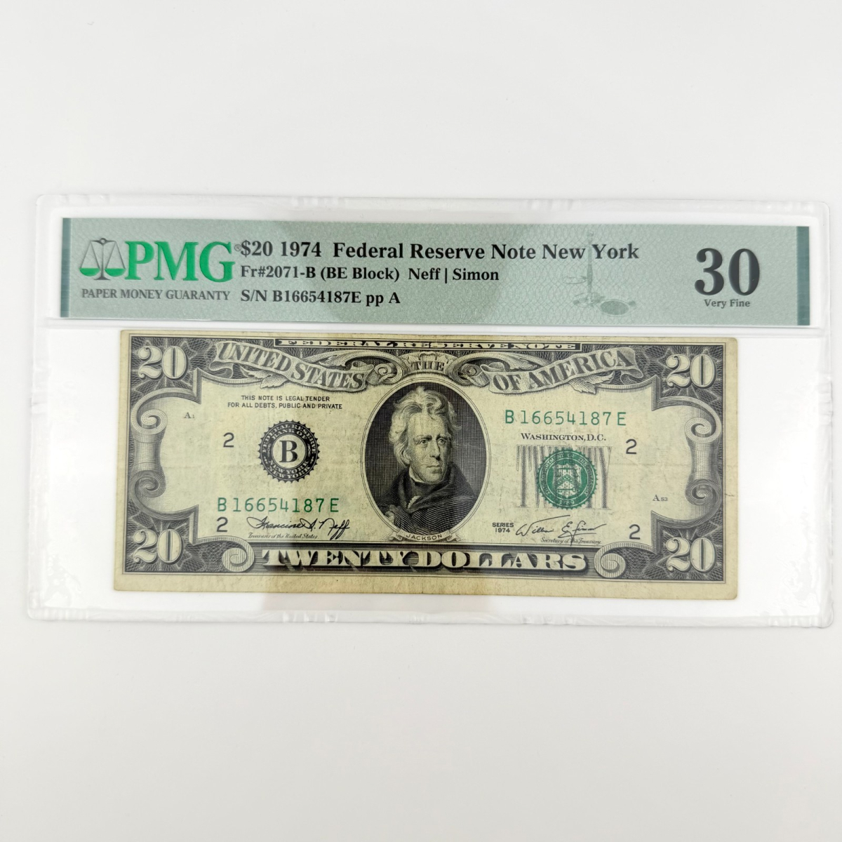 1974 $20 FRN New York Fr. 2071-B BE Block PMG 30 B 16654187 E
