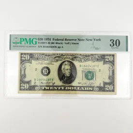 1974 $20 FRN New York Fr. 2071-B BE Block PMG 30 B 16654187 E
