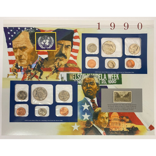 12 COINS 1990 P&D US Mint Sets, Postal Commemorative Society Presentation Panel