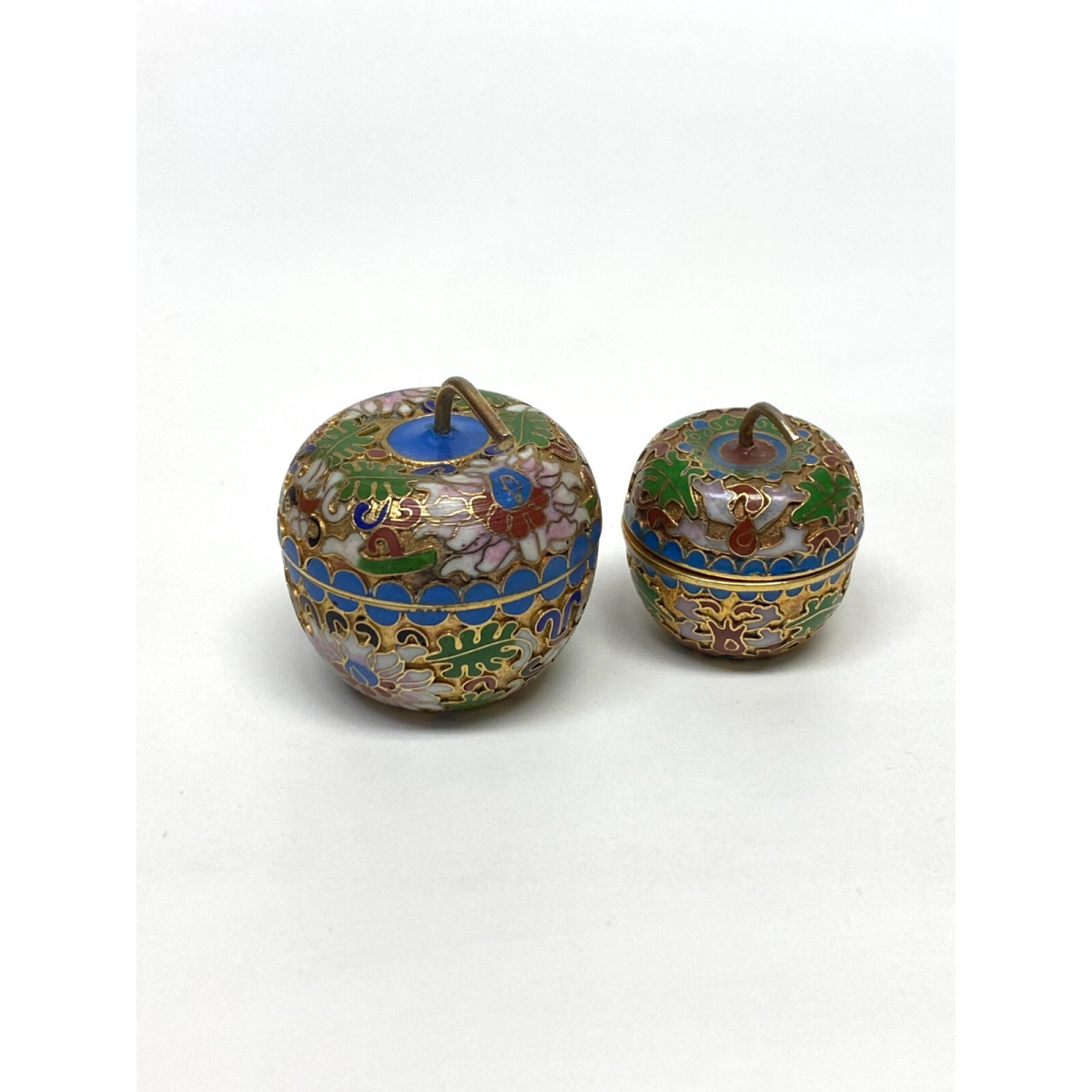 Vintage Covered Apple Shape Cloisonné Trinket Boxes Blue w Aqua Enamel Interior