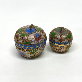 Vintage Covered Apple Shape Cloisonné Trinket Boxes Blue w Aqua Enamel Interior