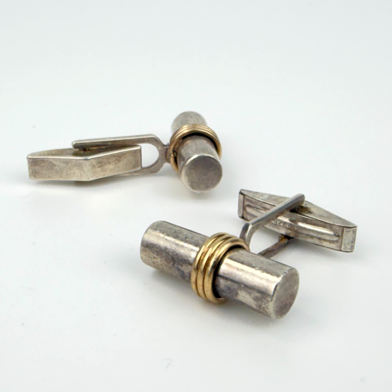 Doskow Barrel Cufflinks Bird Vintage 925 Silver 14K Gold