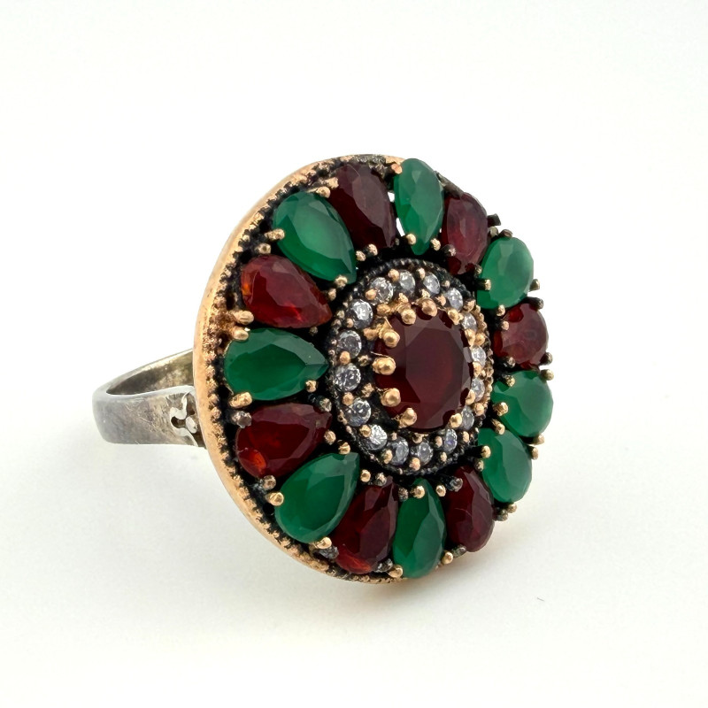 Vintage-Style 925 Sterling Silver Multi Color Stone Flower Cluster Ring Size 10