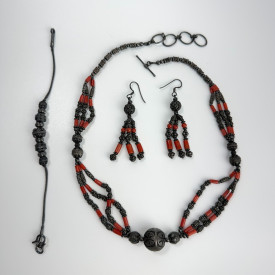 Tibetan Vintage Handmade jewelry set with silver and red coral beads