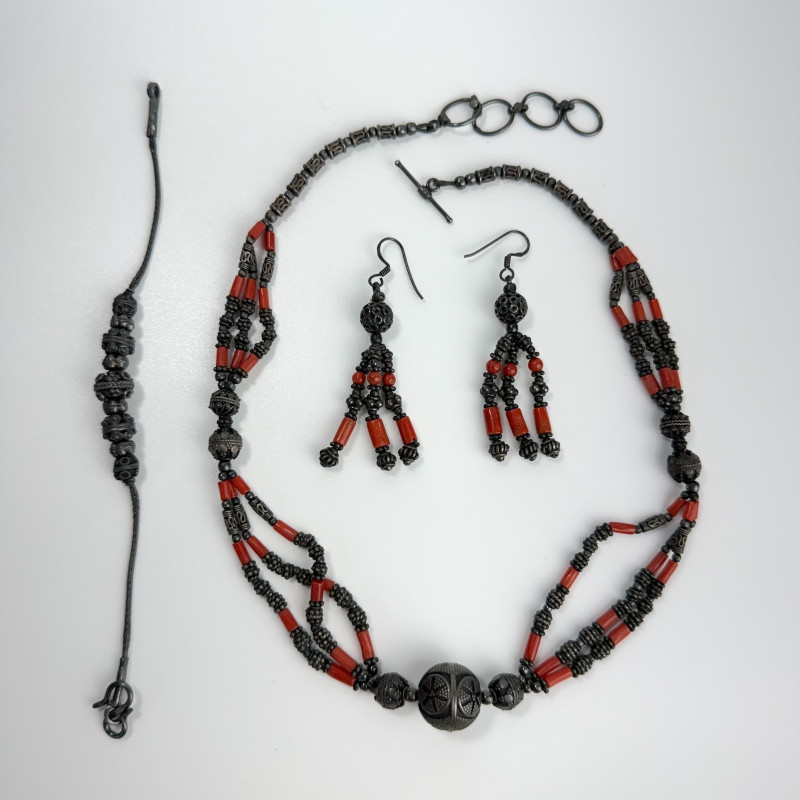 Tibetan Vintage Handmade jewelry set with silver and red coral beads