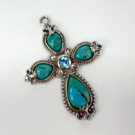 Vintage Designer BBJ Sterling Silver 925 Turquoise Cross Pendant