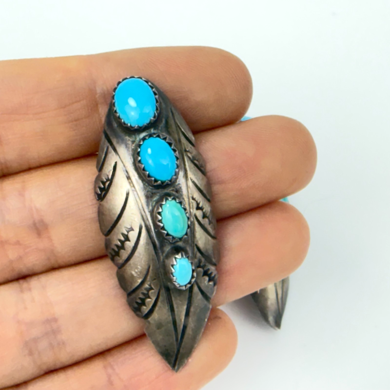 Navajo Sterling Silver 925 Turquoise Feather Stud Earrings Signed C/J NEZ