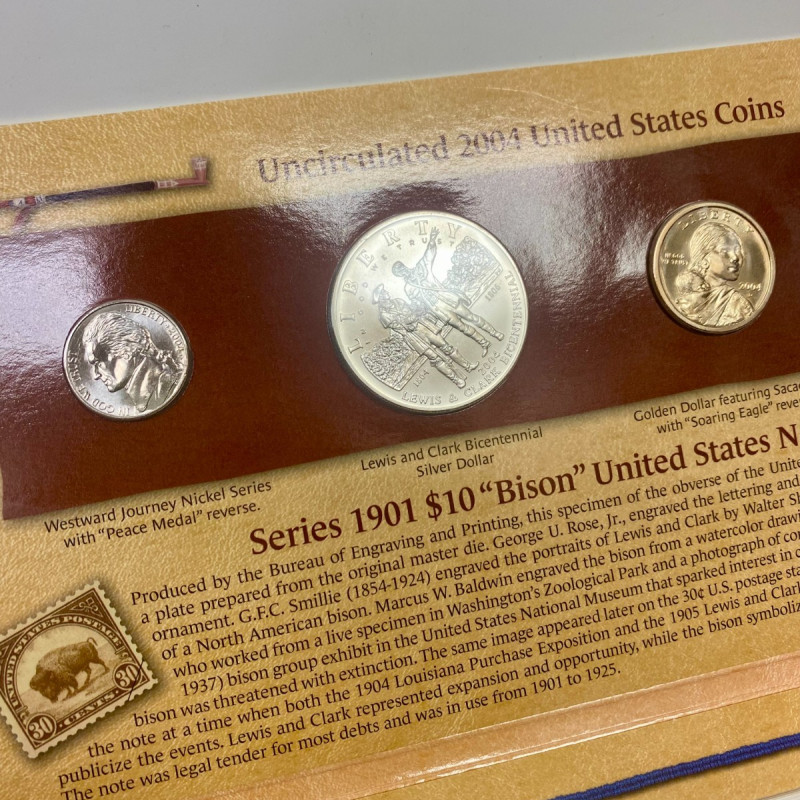 2004 Lewis & Clark Coinage & Currency Coin/Medal Set w/ $10 Bison Note & Stamps 2004 Lewis & Clark Coinage & Currency Coin/Medal Set w/ $10 Bison Note & Stamps