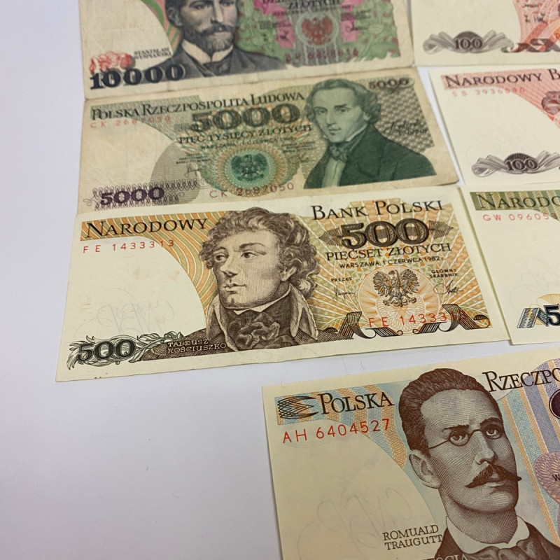 7 note set Poland 10000, 5000, 500, 2x100, 50, 20 Zlotych , 1982-1988 7 note set Poland 10000, 5000, 500, 2x100, 50, 20 Zlotych , 1982-1988