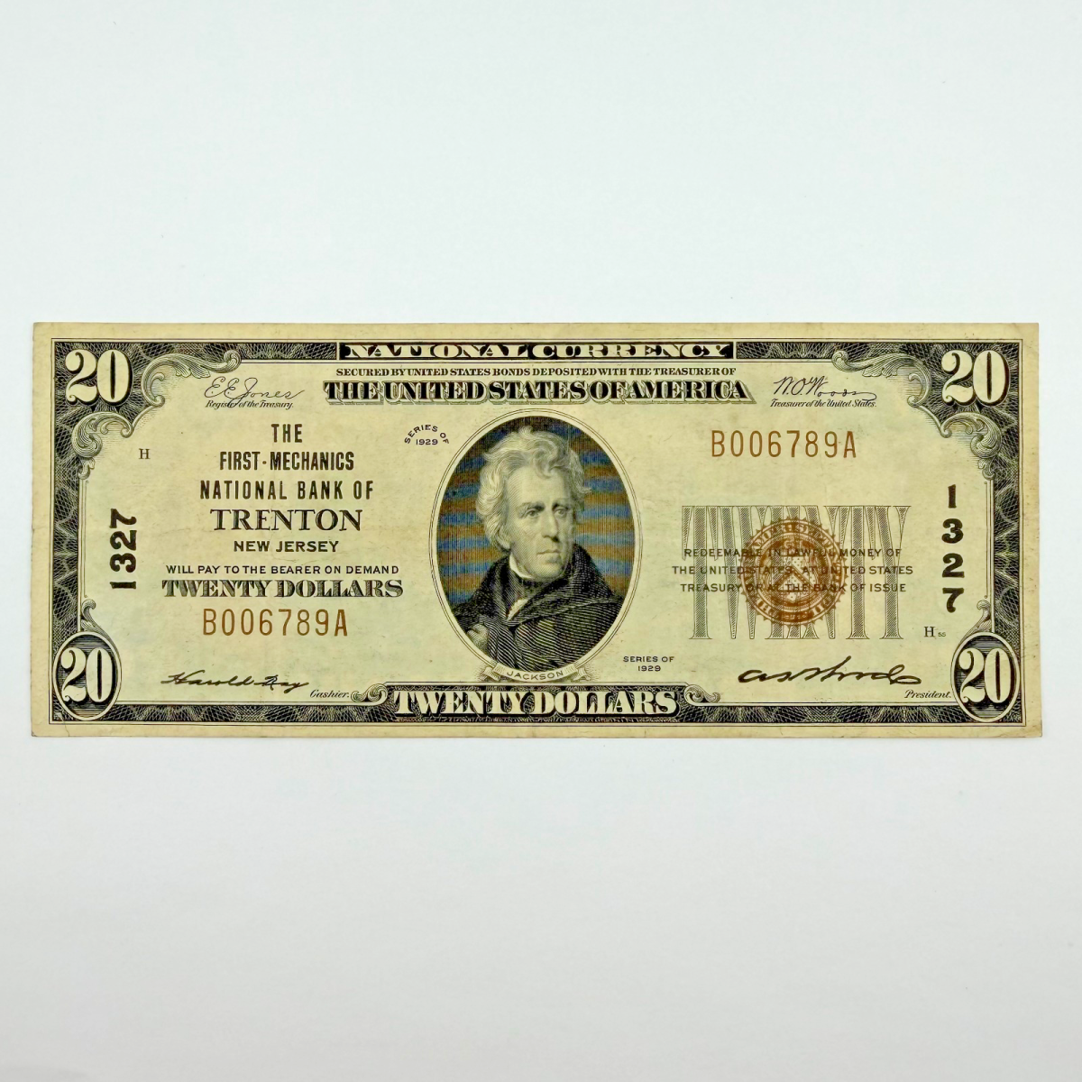 1929 $20 National Currency Banknotes FNB of Trenton, NJ - Serial B006789A