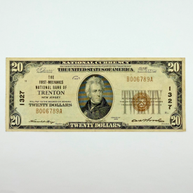 1929 $20 National Currency Banknotes FNB of Trenton, NJ - Serial B006789A