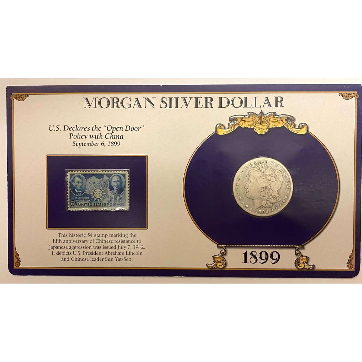 1899 Morgan Silver Dollar and Commemorative Stamp 5c Card Collection
