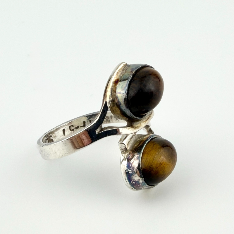 Vintage Mexican Sterling Silver Tiger's Eye Bypass Ring Signed Mexico TF-57 925