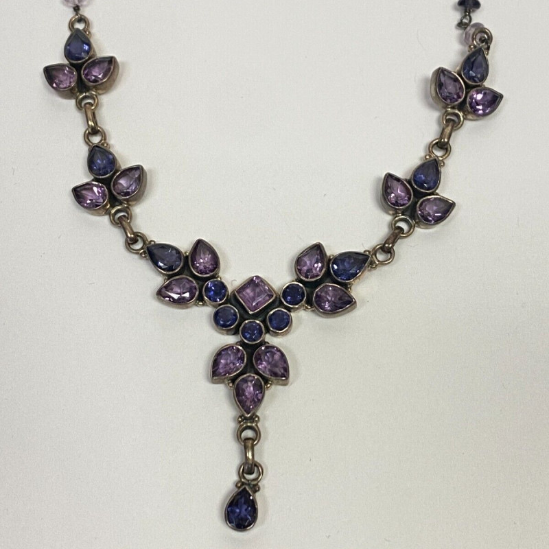 925 Sterling Silver Amethyst and Sapphires Drop Necklace - India 925 Sterling Silver Amethyst and Sapphires Drop Necklace - India