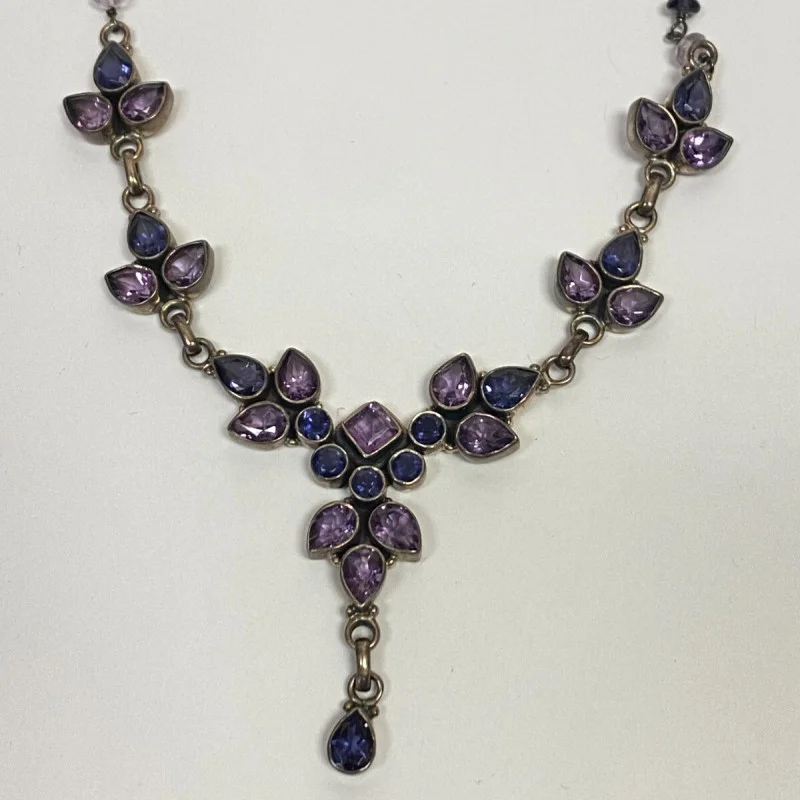 925 Sterling Silver Amethyst and Sapphires Drop Necklace - India