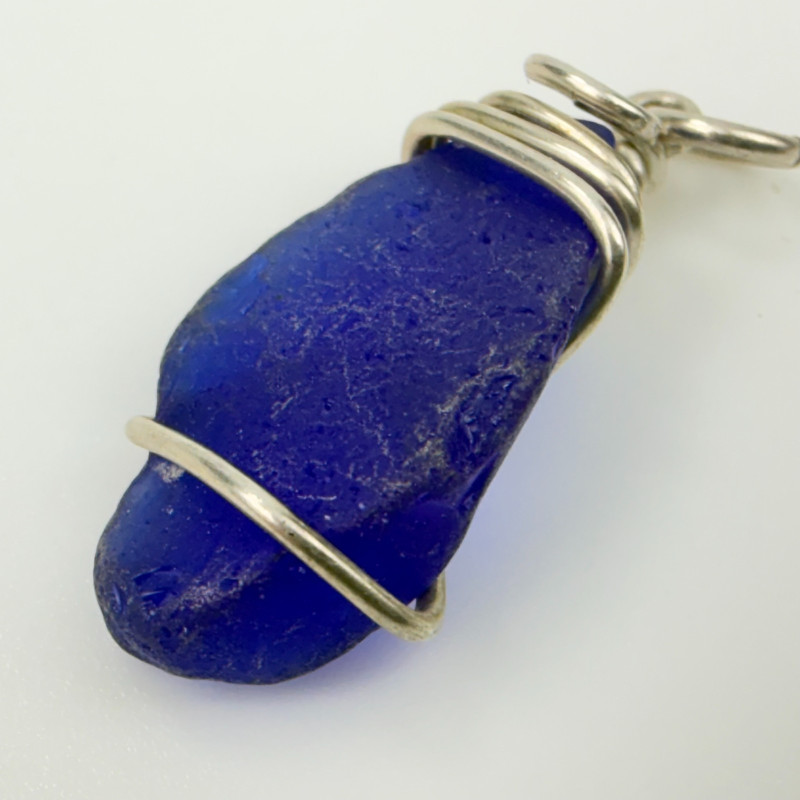Freeform Blue Sea Glass  Pendant Wrapped With Wire
