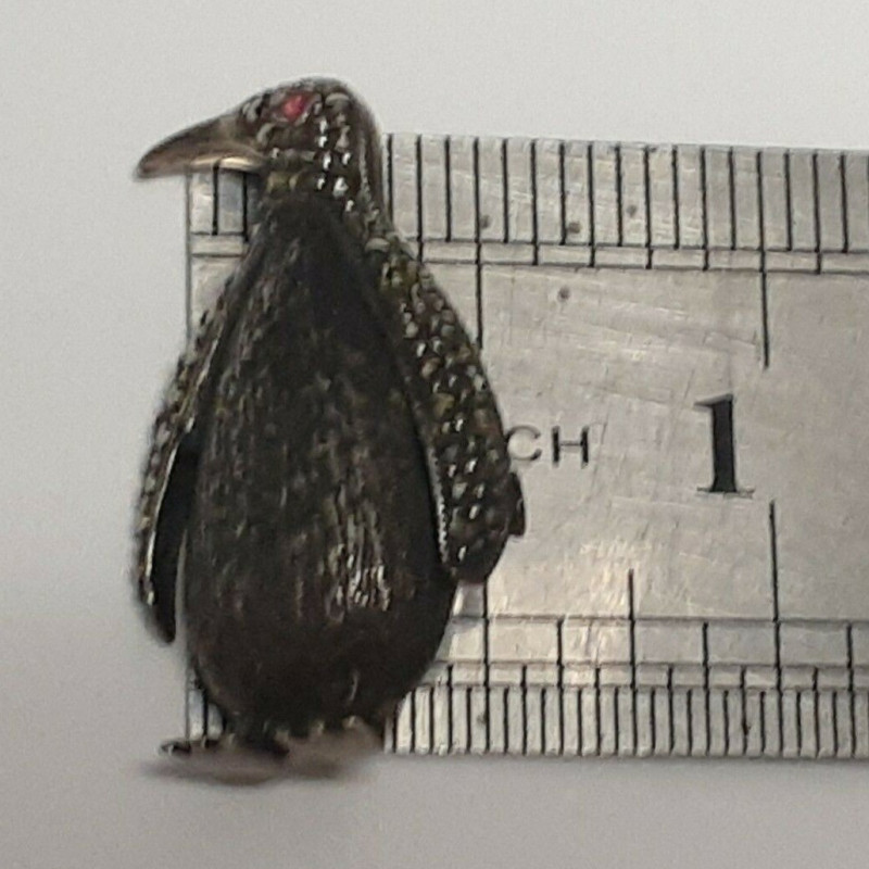 Antique Sterling Silver Marcasite Ferza Engraved Penguin RUBY Red EYE Brooch Antique Sterling Silver Marcasite Ferza Engraved Penguin RUBY Red EYE Brooch