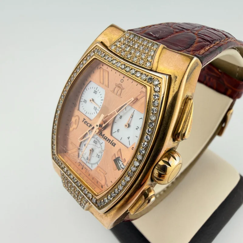 Techno Mania Pink Gold Chronograph Stainless Steel Watch Real Diamonds