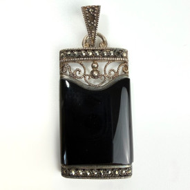 Vintage Rectangular Sterling Silver Black Onyx And Marcasite Pendant