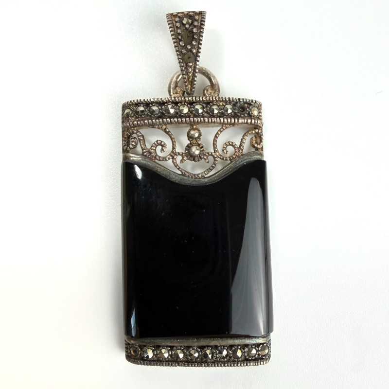 Vintage Rectangular Sterling Silver Black Onyx And Marcasite Pendant