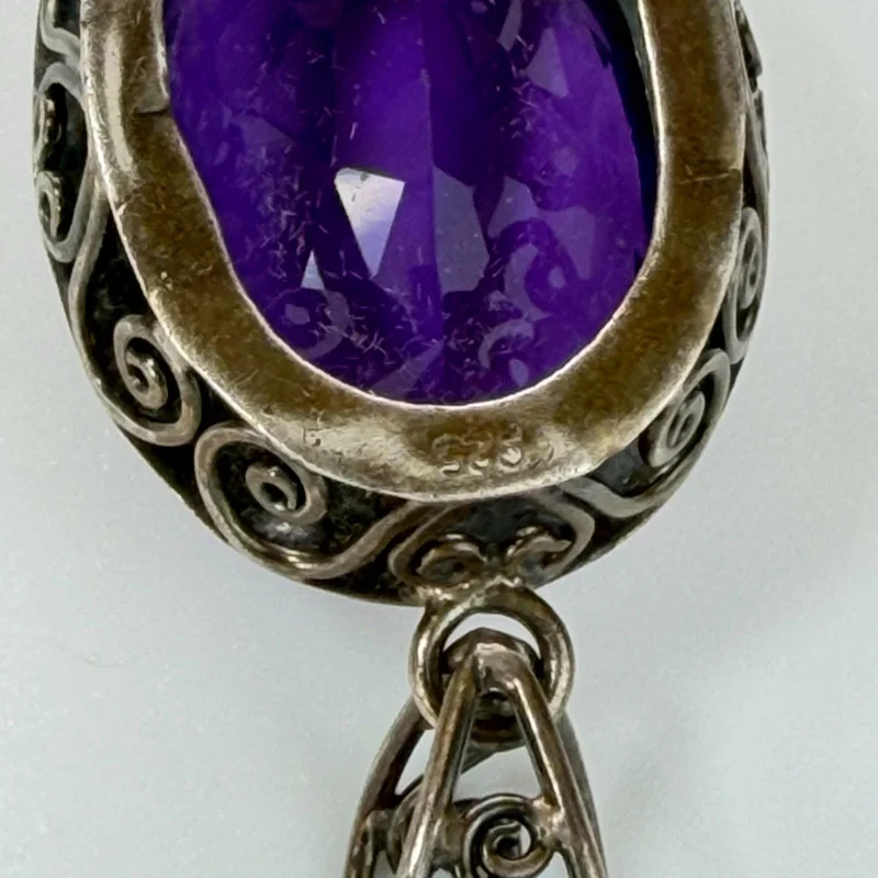 925 Sterling Silver Vintage Real Dark Purple Oval Amethyst Gemstone Pendant