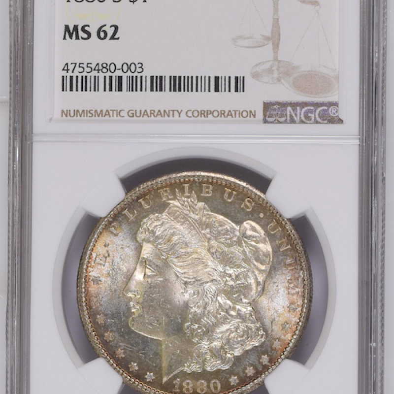 1880 S $1 NGC MS 62 SILVER DOLLAR MORGAN (COLOR COIN)  1880 S $1 NGC MS 62 SILVER DOLLAR MORGAN (COLOR COIN)