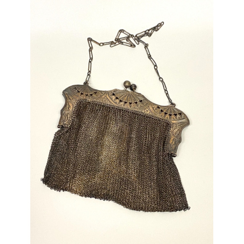 Antique Sterling Silver Mesh Purse - Ruby A Rossback 1909 Engraving