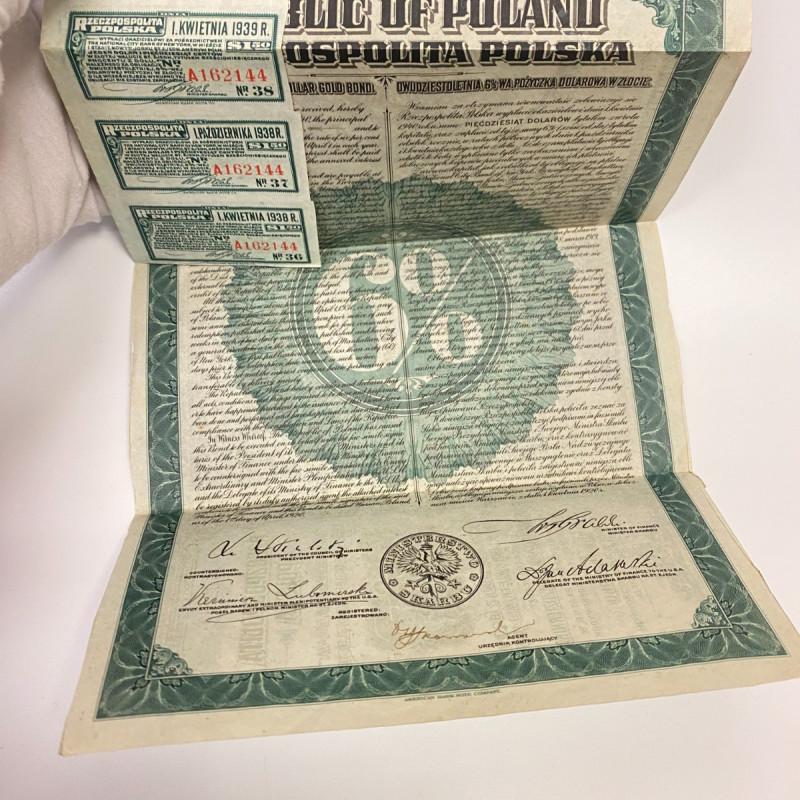 1920 Republic Of Poland 20 Year 6% U.S. Dollar Gold Bond W/ 5 Coupons 1920 Republic Of Poland 20 Year 6% U.S. Dollar Gold Bond W/ 5 Coupons
