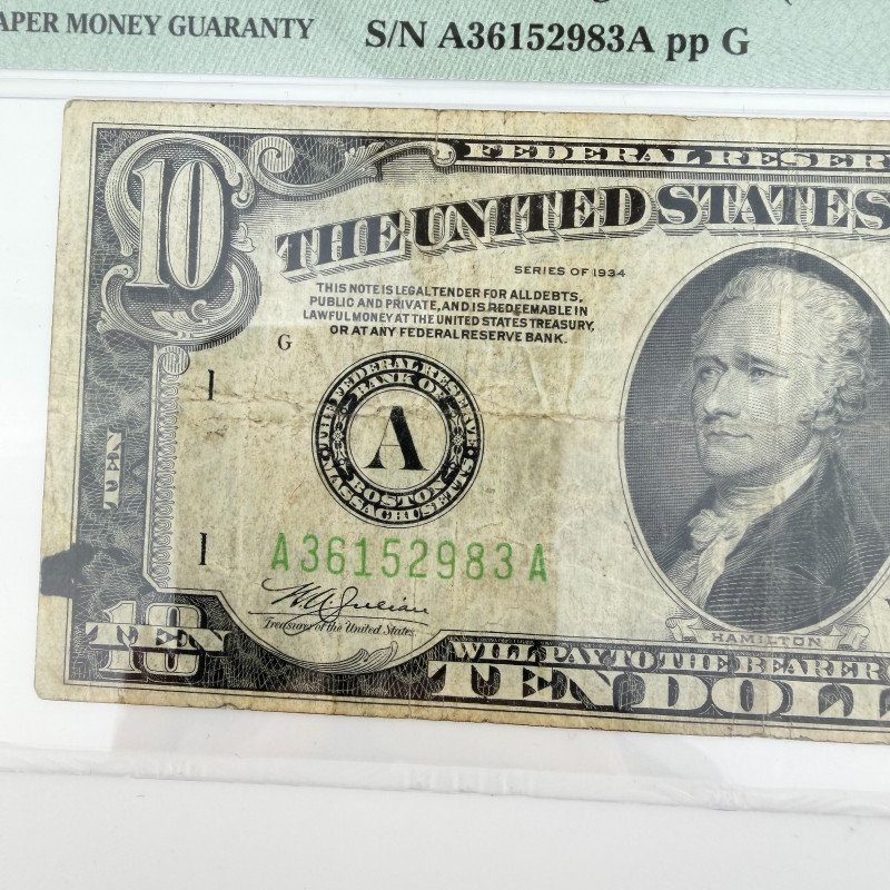 1934 $10 Federal Reserve Note Green Seal, Serial A36152983A Boston A, PMG 25 VF