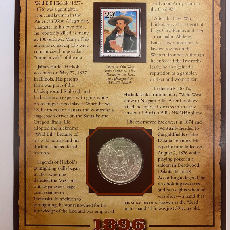 1896 Morgan Silver Dollar In Wild West Historical Display Card. Wild Bill Hickok
