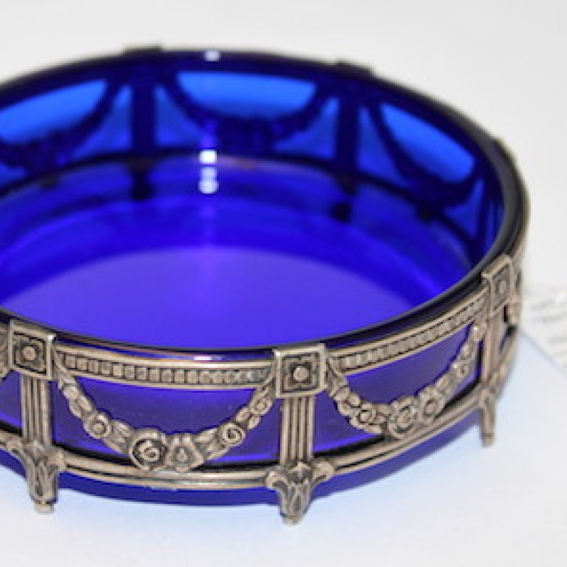 Vintage Cobalt Blue Glass Russian Silver 875 Ash Tray With Tag Vintage Cobalt Blue Glass Russian Silver 875 Ash Tray With Tag