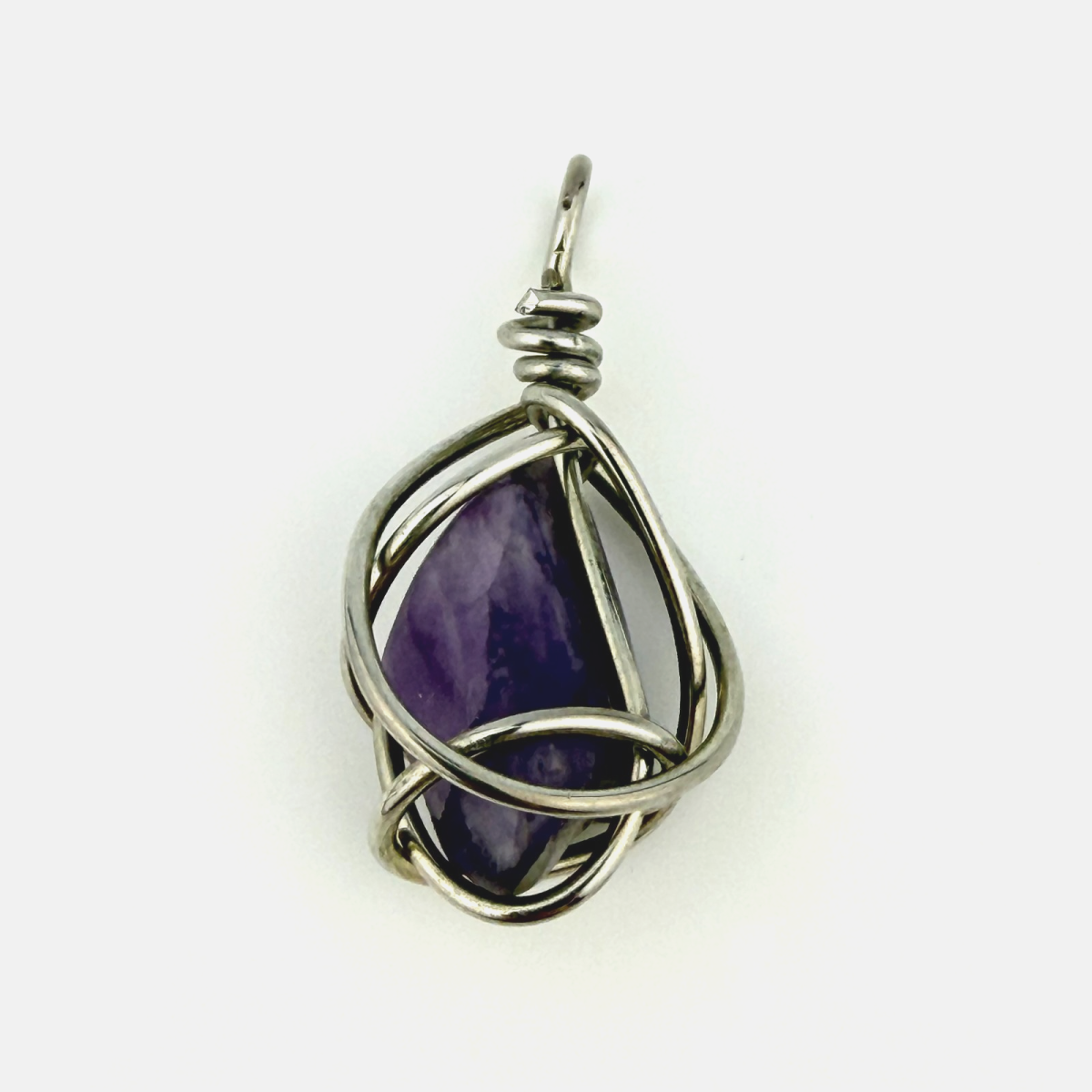 Natural Amethyst Wire-Wrapped Pendant – Steel - Unbranded