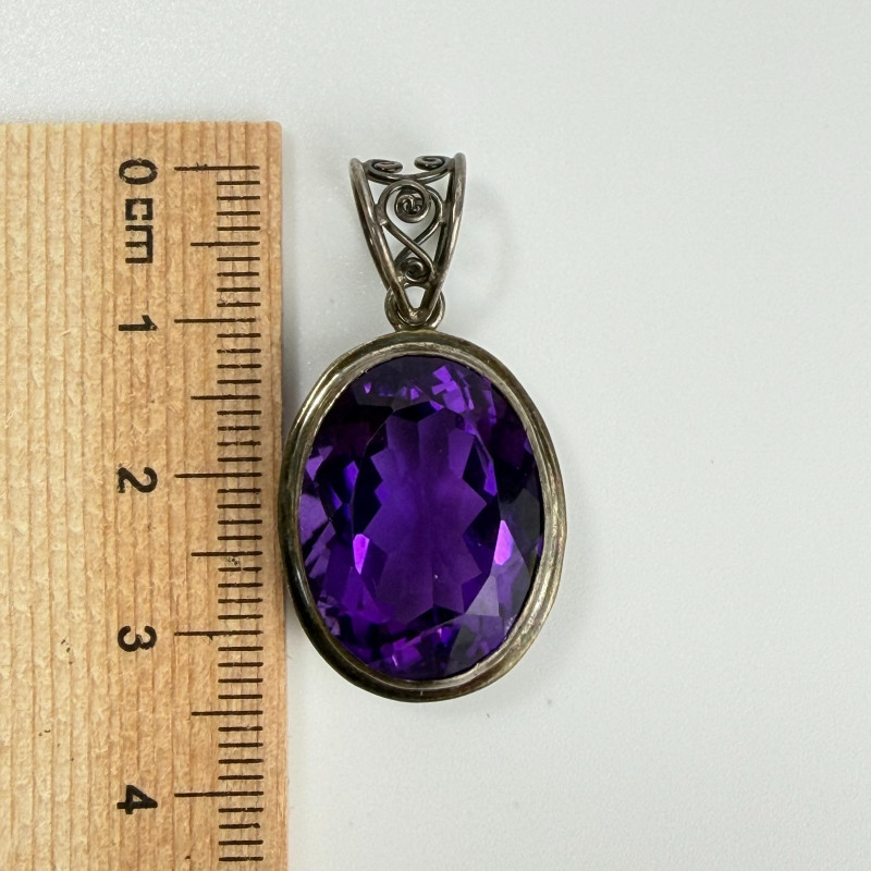 925 Sterling Silver Vintage Real Dark Purple Oval Amethyst Gemstone Pendant