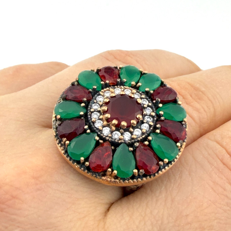 Vintage-Style 925 Sterling Silver Multi Color Stone Flower Cluster Ring Size 10