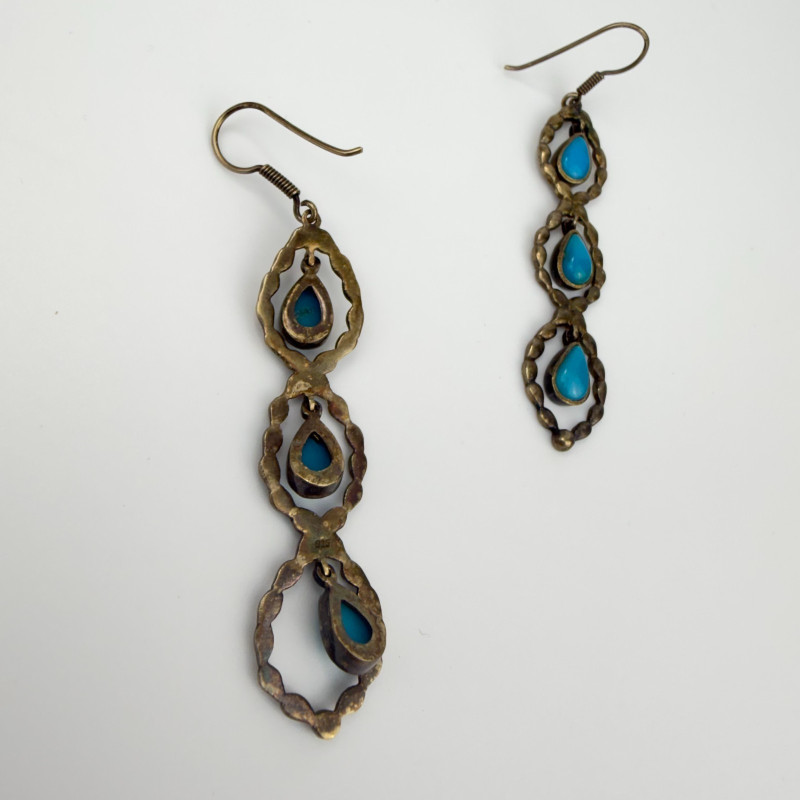 Vintage Boho Natural Turquoise Sterling Silver Dangle Earrings With Yellow Hue