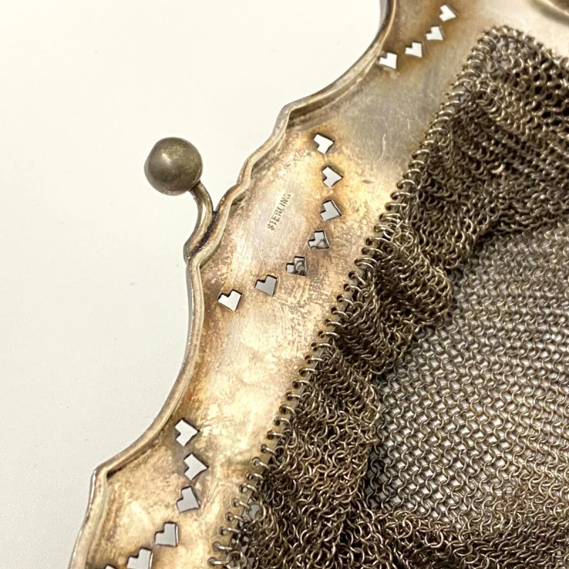Antique Sterling Silver Mesh Purse - Ruby A Rossback 1909 Engraving