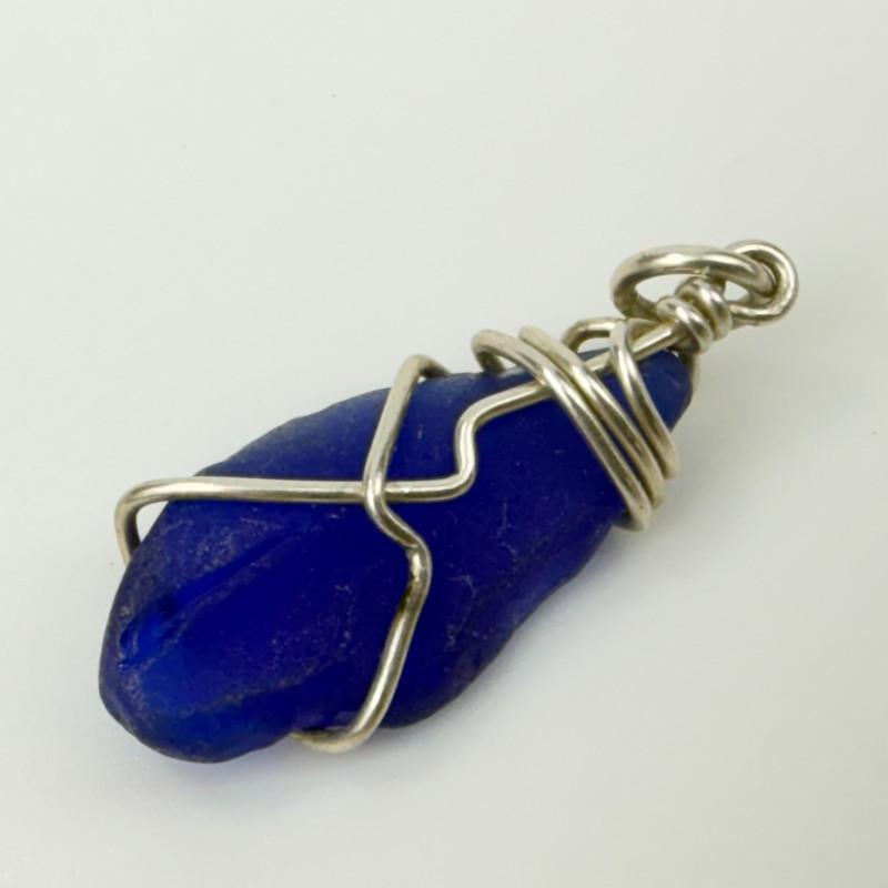Freeform Blue Sea Glass  Pendant Wrapped With Wire