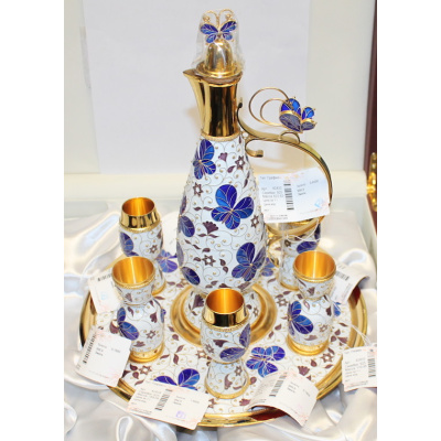 Butterfly Russian Sterling Silver & 24K Plated decanter for vodka & 6 Cups