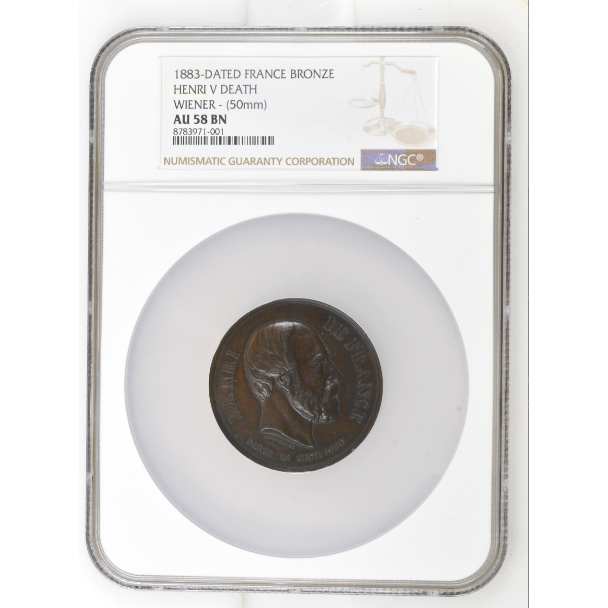 1883-Dated France Bronze Henri V Deatch Weiner - (50mm) NGC AU 58 BN