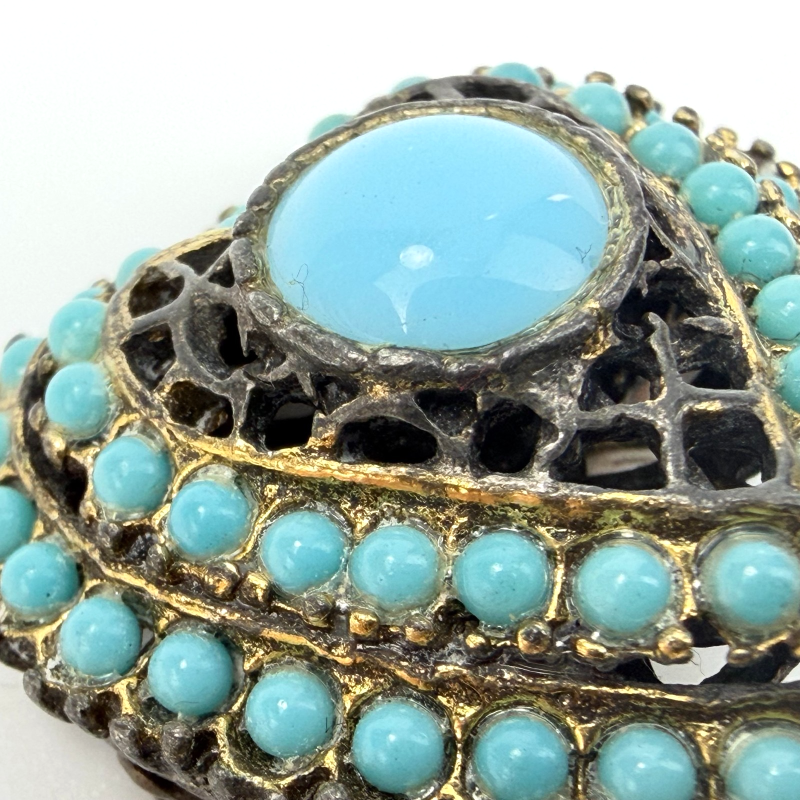 Vintage Gold Tone Metal Blue Turquoise Domed Heart Pin Brooch