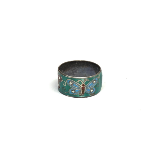 Antique Thailand Sterling Silver Green Multicolored Designed w/ Butterflies Ring