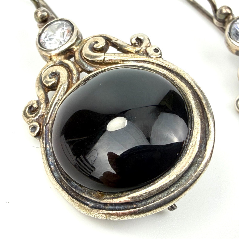 Vintage 925 Sterling Silver - Black Onyx Round Dangle Earrings