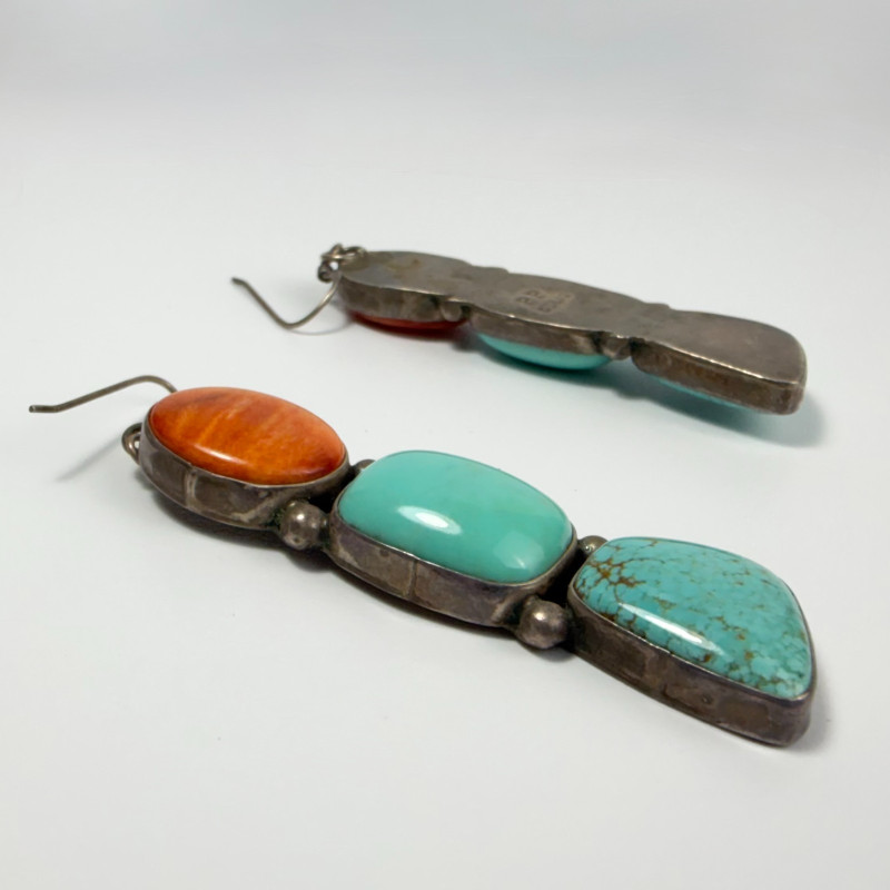 Blue Turquoise Red Spiny Ouster Navajo Sterling Silver Inlay Earrings Signed pp