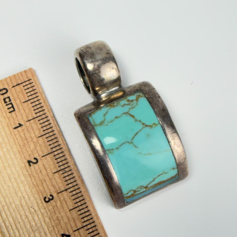 Vintage Mexican Sterling Silver Turquoise Curved Inlay Pendant - 14.9g