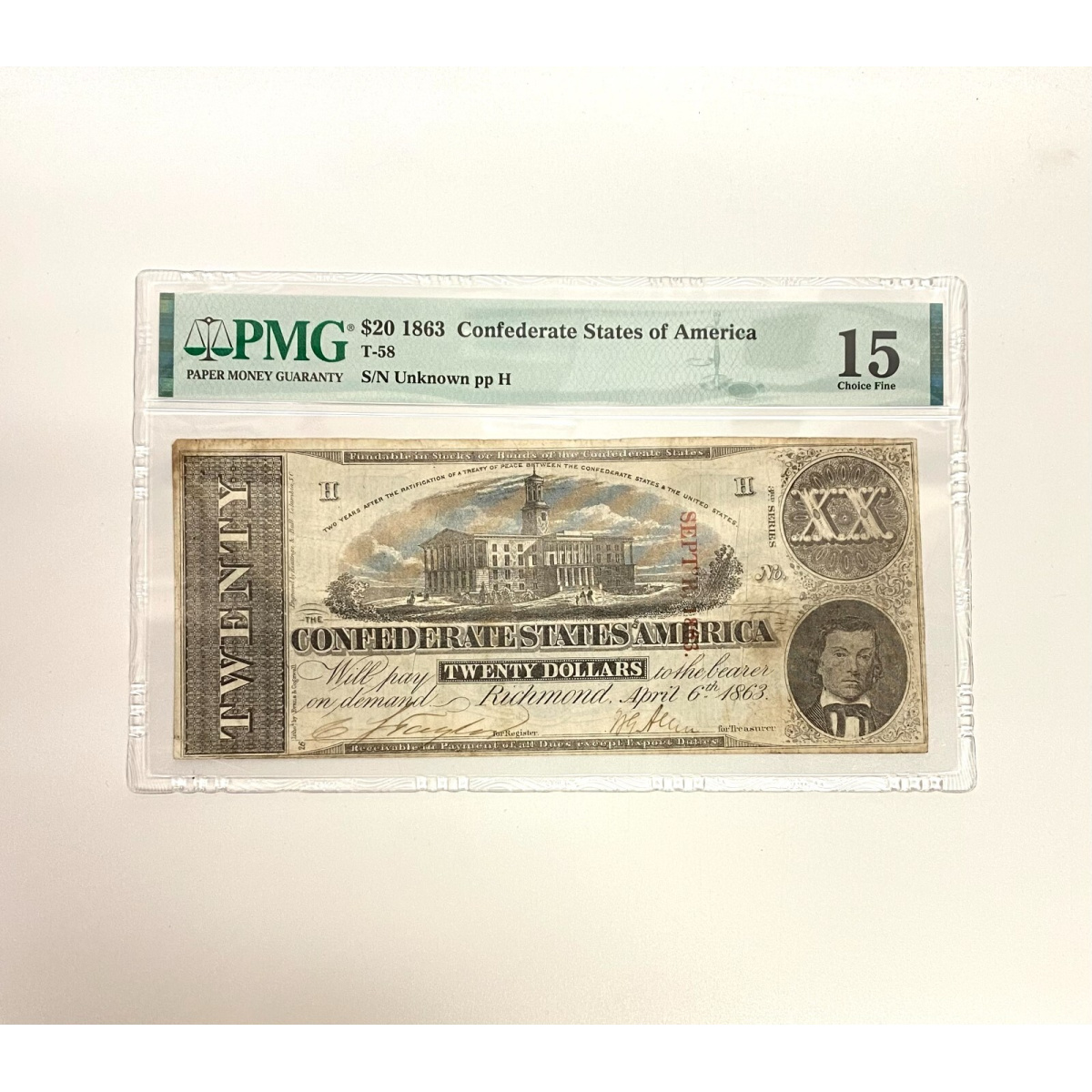 1863 Confederate States of America, $20, T-58, PMG VF15