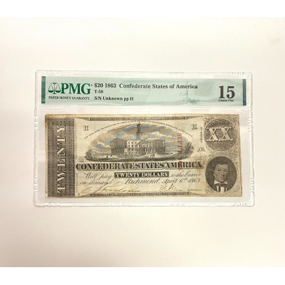 1863 Confederate States of America, $20, T-58, PMG VF15