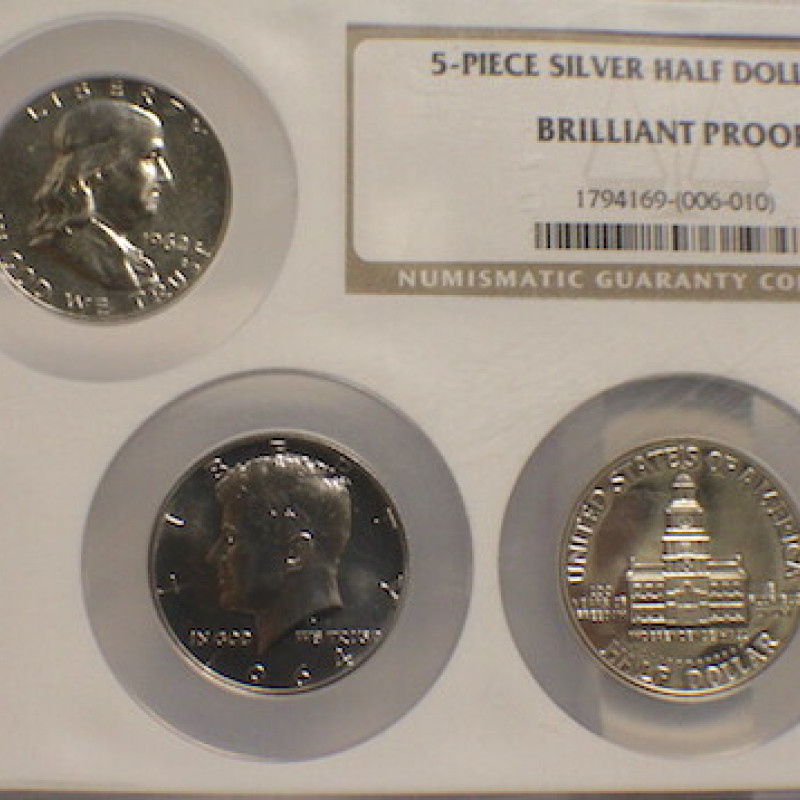 5- PIECE SILVER HALF DOLLAR SET BRILLANT PROOF 2 COINS ROTATED 