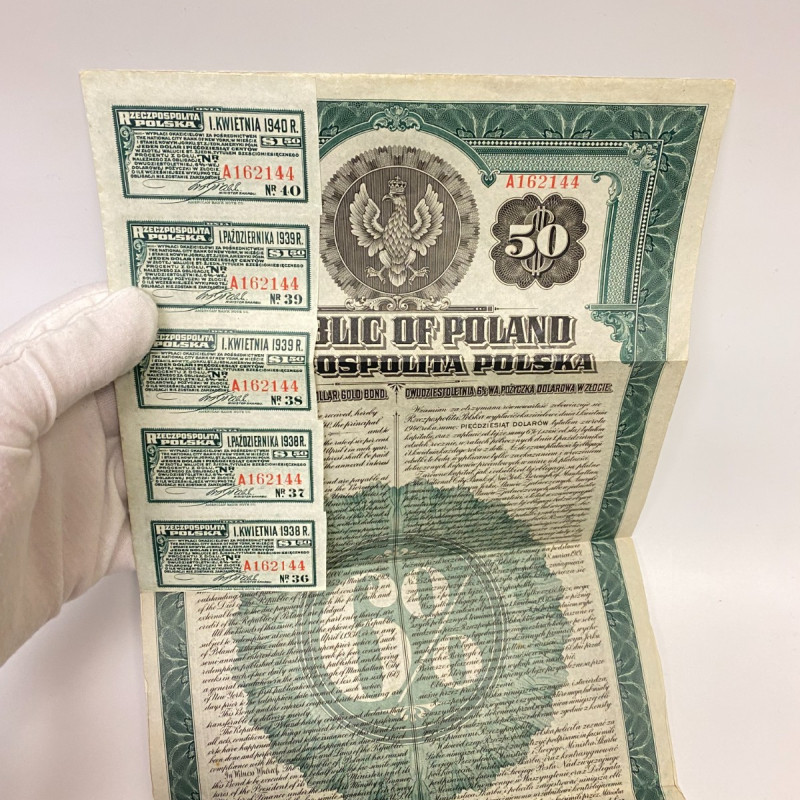 1920 Republic Of Poland 20 Year 6% U.S. Dollar Gold Bond W/ 5 Coupons 1920 Republic Of Poland 20 Year 6% U.S. Dollar Gold Bond W/ 5 Coupons
