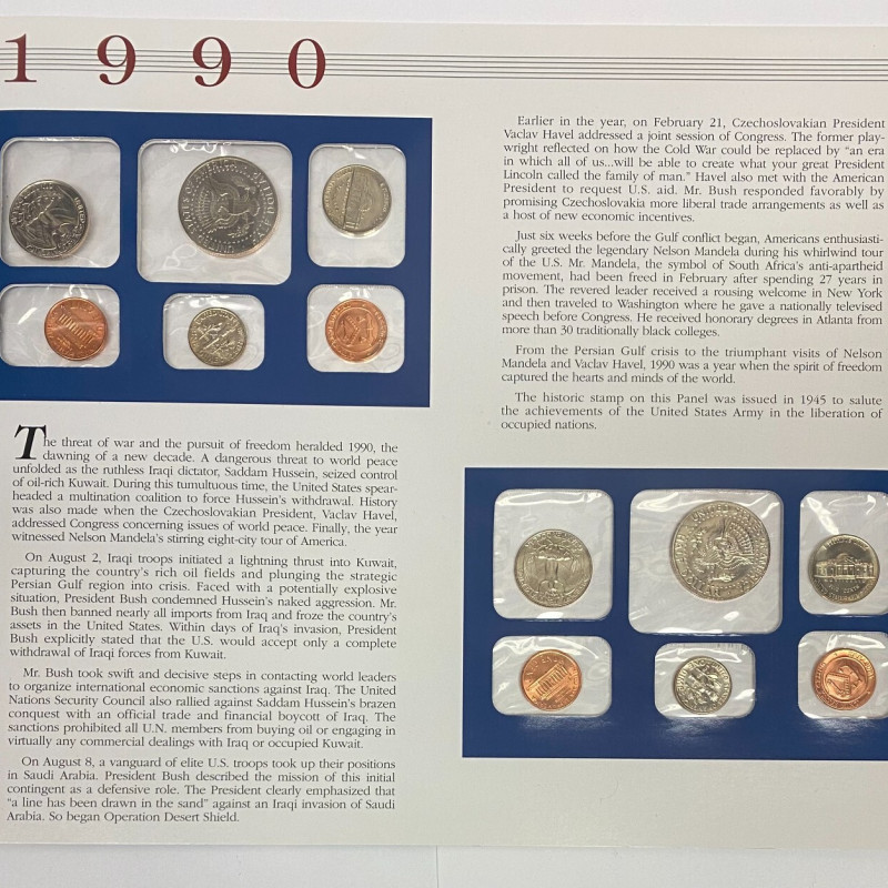 12 COINS 1990 P&D US Mint Sets, Postal Commemorative Society Presentation Panel 12 COINS 1990 P&D US Mint Sets, Postal Commemorative Society Presentation Panel